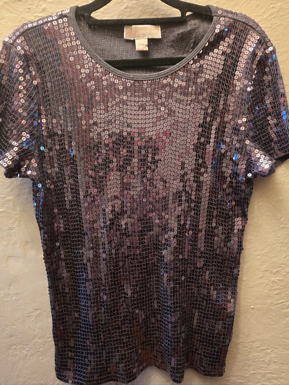 Michael Michael Kors Sequin Top L Purple-Gray Black Sparkle Short Sleeve Tee